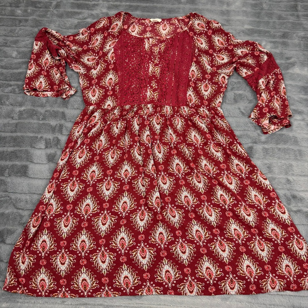 Cato Burgundy Paisley Crochet Lace Empire Waist Bell Sleeve Boho Dress M